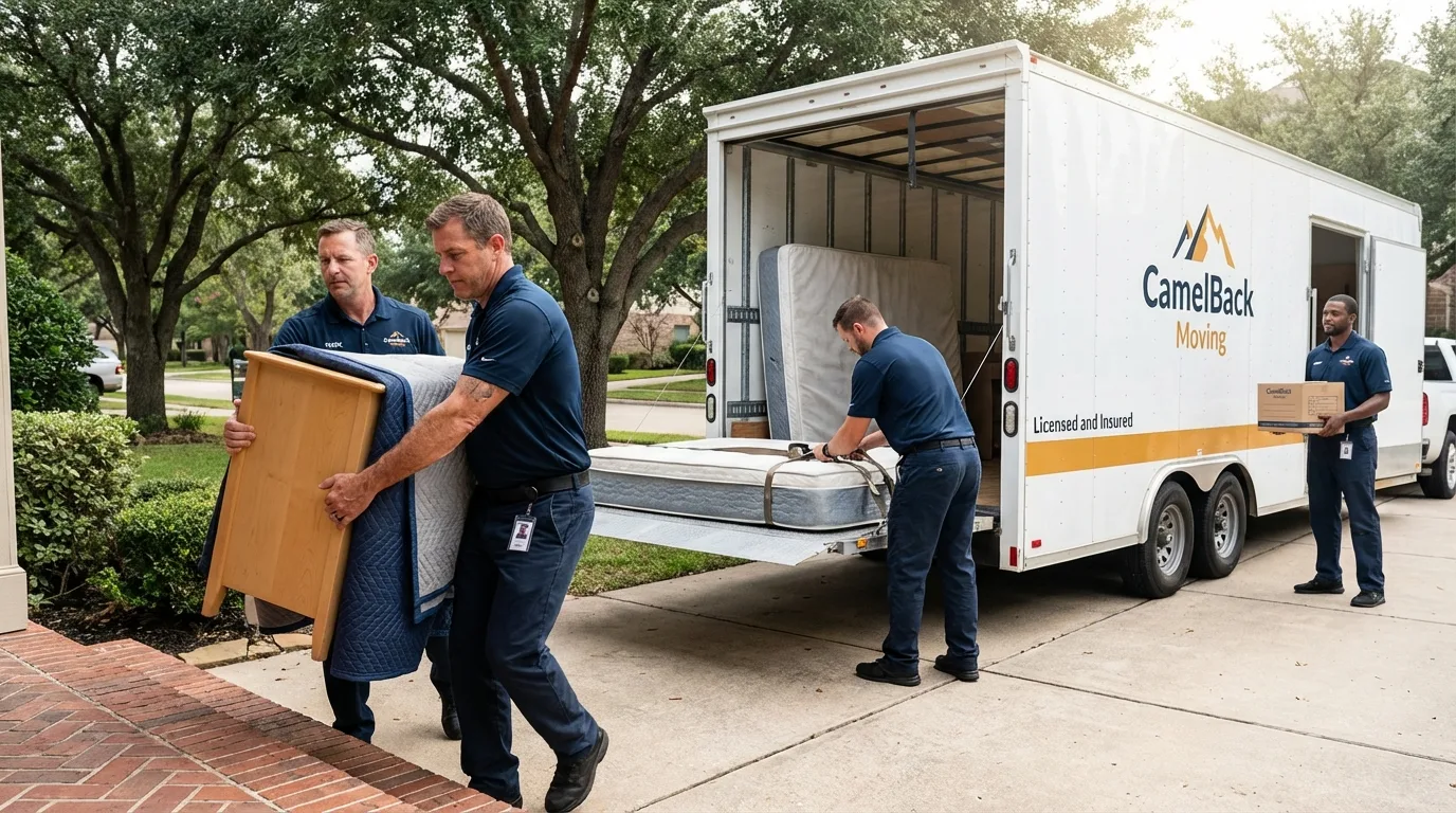 Crew loading residential truck for cross-state move from Vian, OK