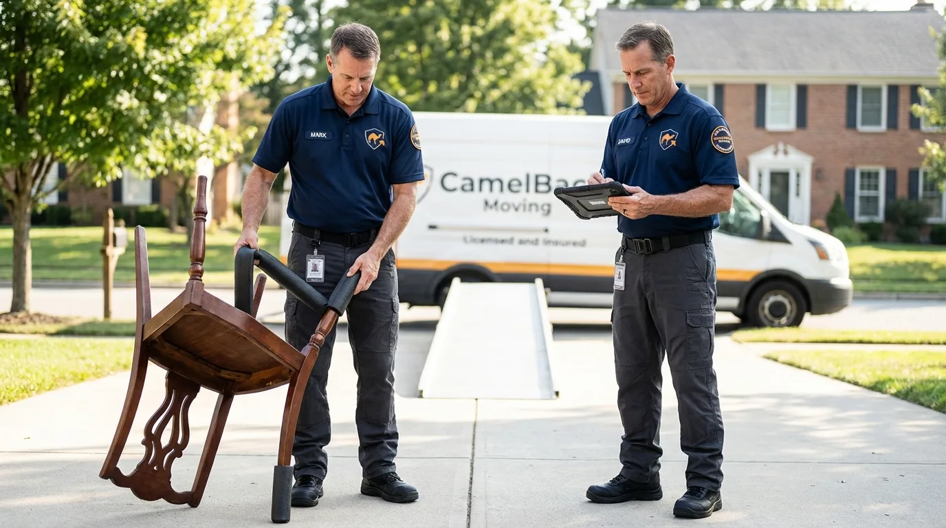 Movers inspecting furniture for damage prevention before loading in Vian, OK