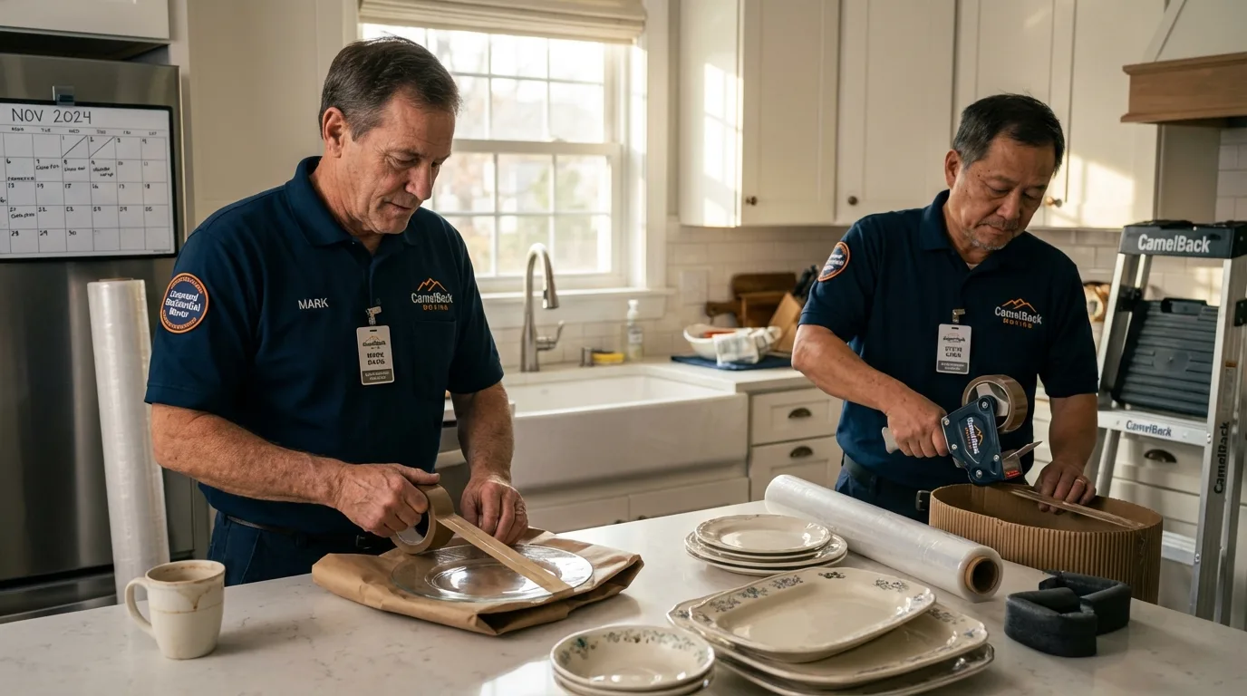 Professional crew packing kitchen dishware in Vian, OK